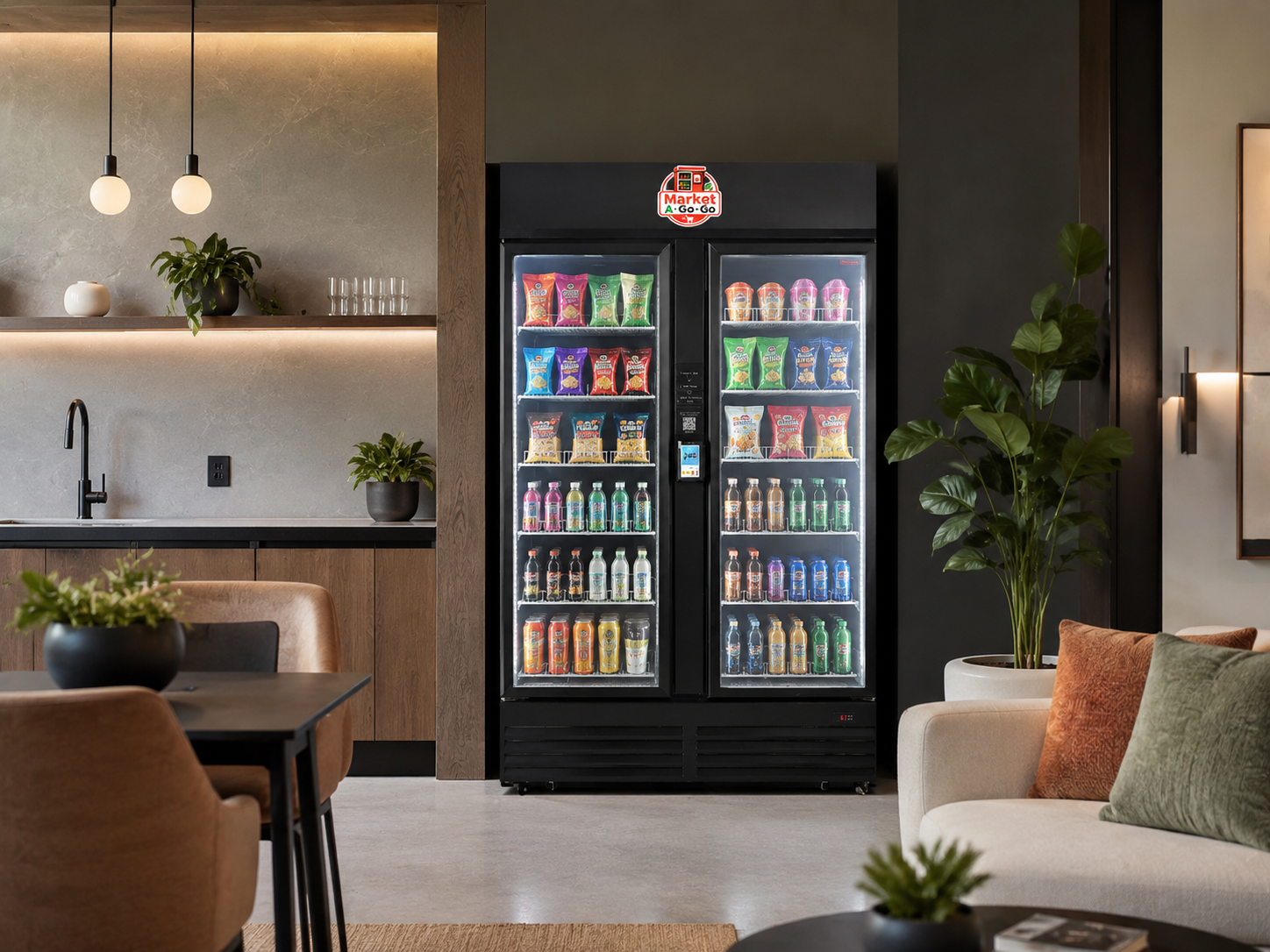 Market A Go Go smart vending machines in a modern lounge with open space for headline text